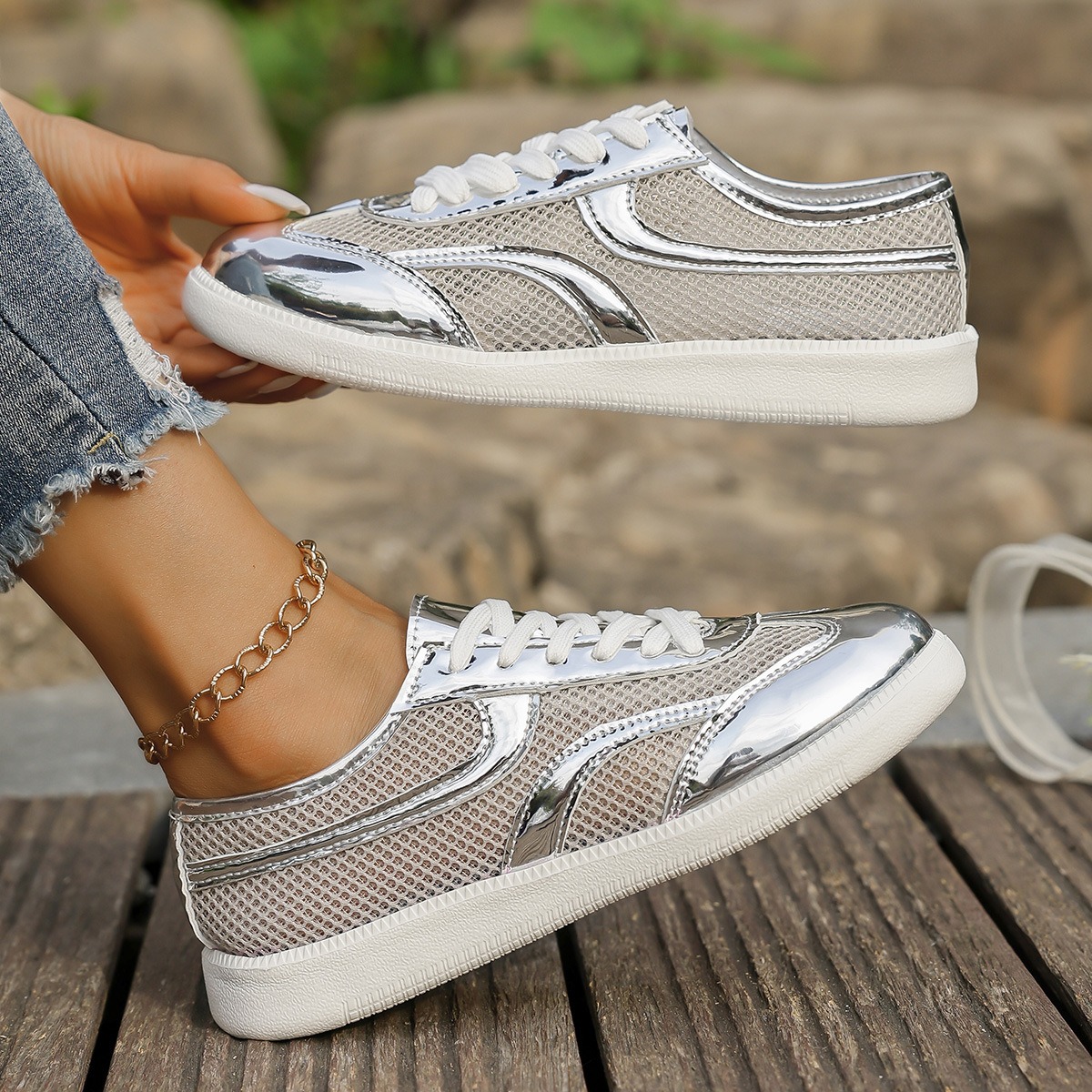 New Women's Sneakers Breathabl - Knit Fabric Lace Up Sneakers ulasan dan harga