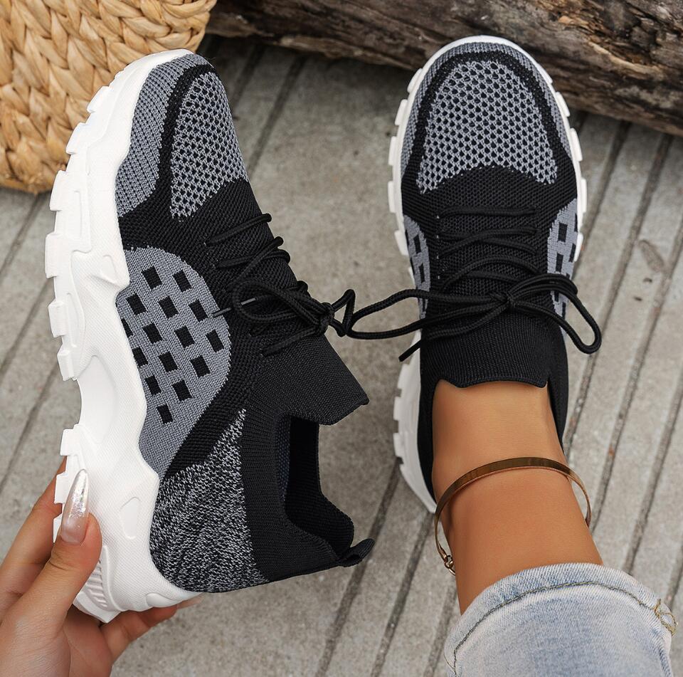 Women's Breathable Knit Mesh S - Knit Fabric Lace Up Sneakers ulasan dan harga