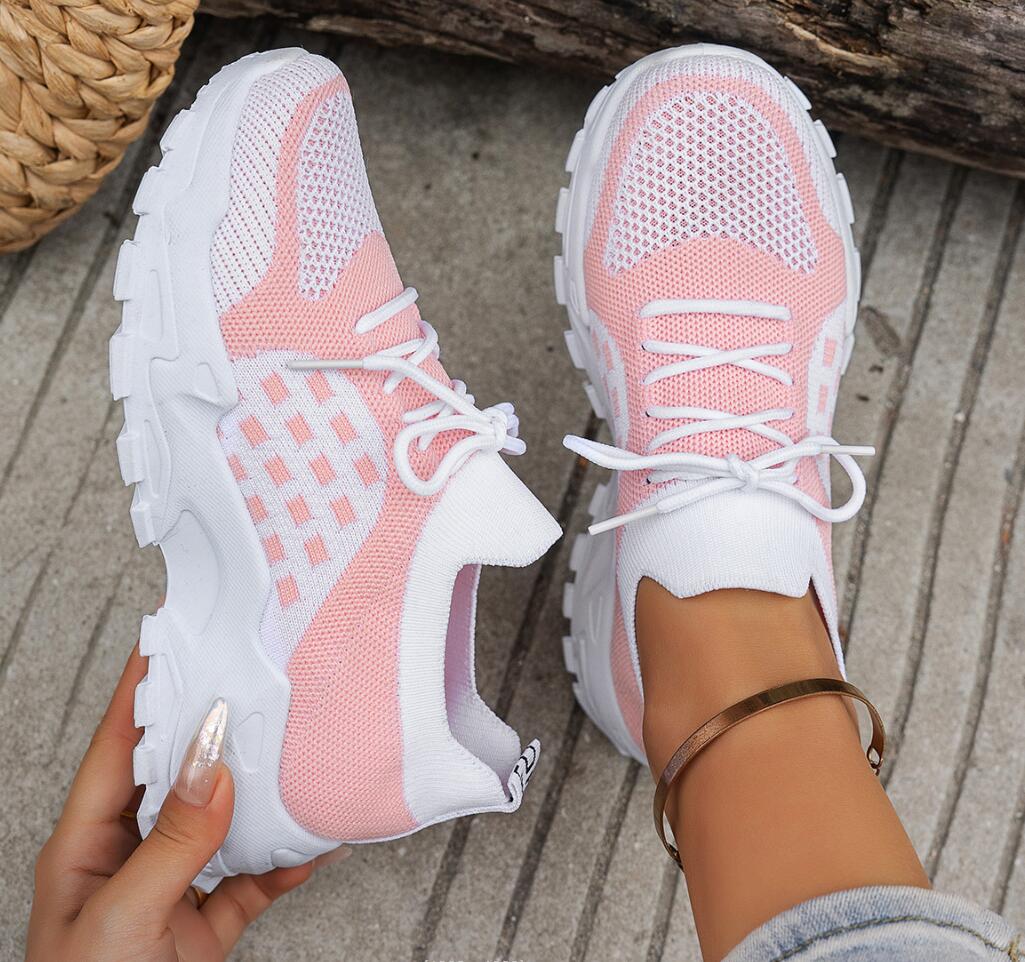 Women's Breathable Knit Mesh S - Knit Fabric Lace Up Sneakers ulasan dan harga