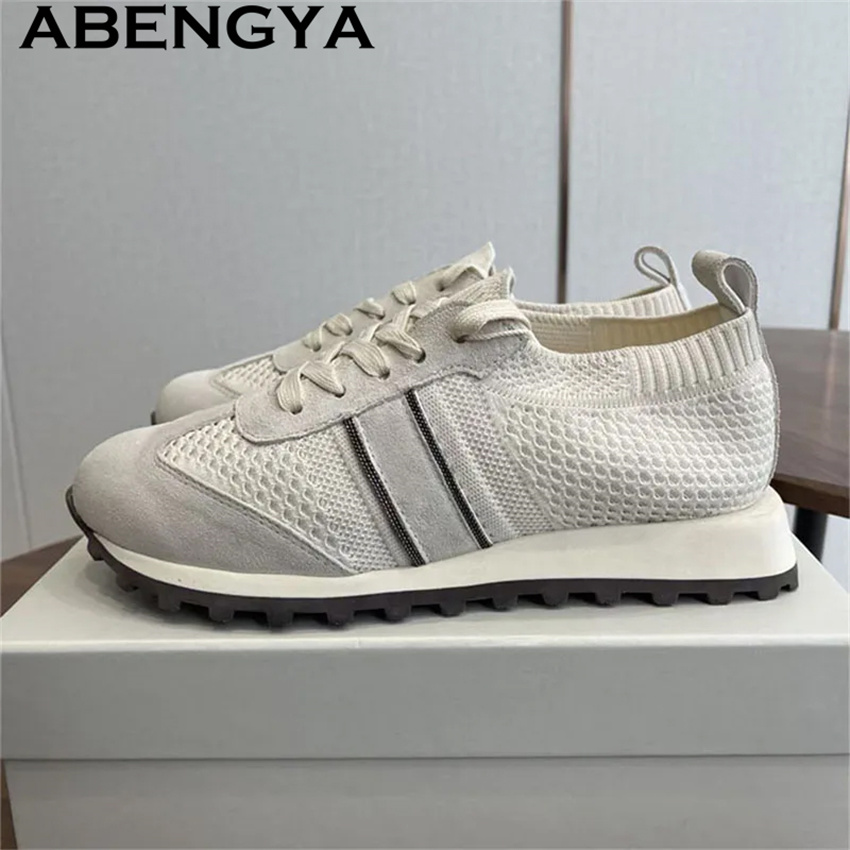 2026 Spring Hot Sale Knitted L - Knit Fabric Lace Up Sneakers ulasan dan harga